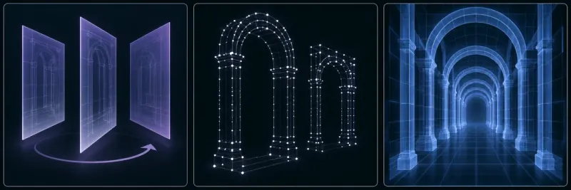 Obracające się płaszczyzny 3D, linie architektoniczne i tunel X-Ray.
